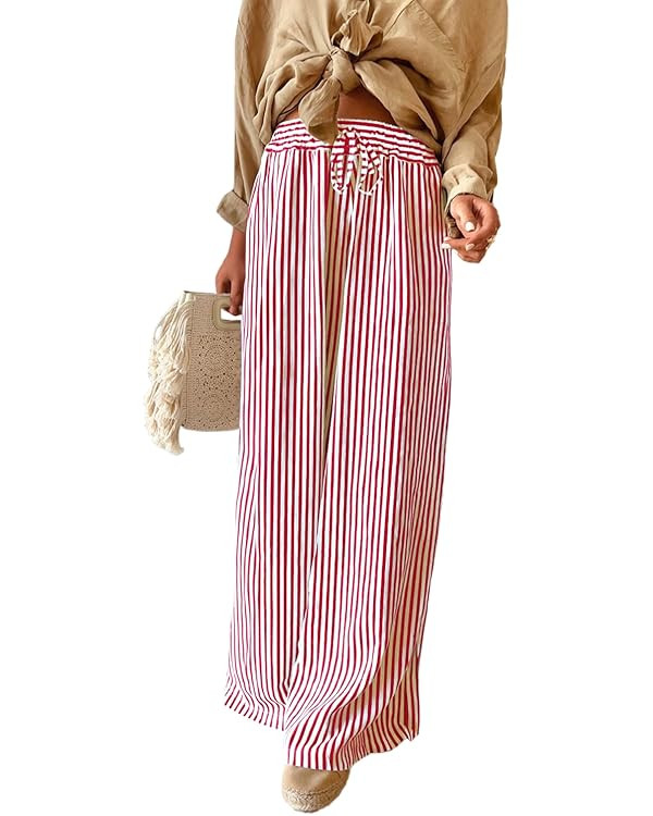Acelitt Women Casual Drawstring Elastic Waist Striped Wide Leg Pants with Pockets, S-XXL | Amazon (US)