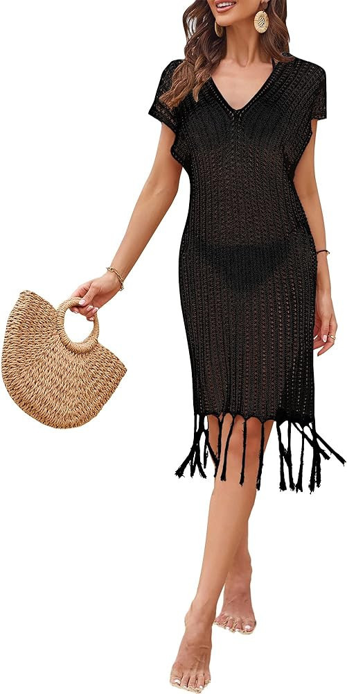 Swimsuit Coverup for Women 2023 Bathing Suit Crochet Hollow Out Coverups V Neck Short Sleeve Beac... | Amazon (US)