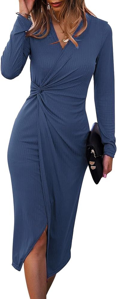 SHIBEVER Women's Long Sleeve Bodycon Midi Dress Casual V Neck Twist Front Waist Slit Dress Ribbed... | Amazon (US)