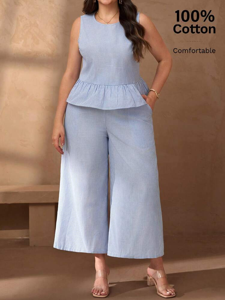 Chikora Plus Size Women Summer Striped Ruffle Hem Sleeveless Shirt And Wide Leg Pants 2Pcs Sets B... | SHEIN