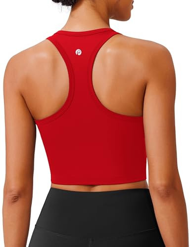 PINSPARK Red Sports Bras for Women Padded Tank Tops with Built in Bras Racerback Longline Yoga Tops Wide Straps Workout Bra Small,Red | Amazon (US)