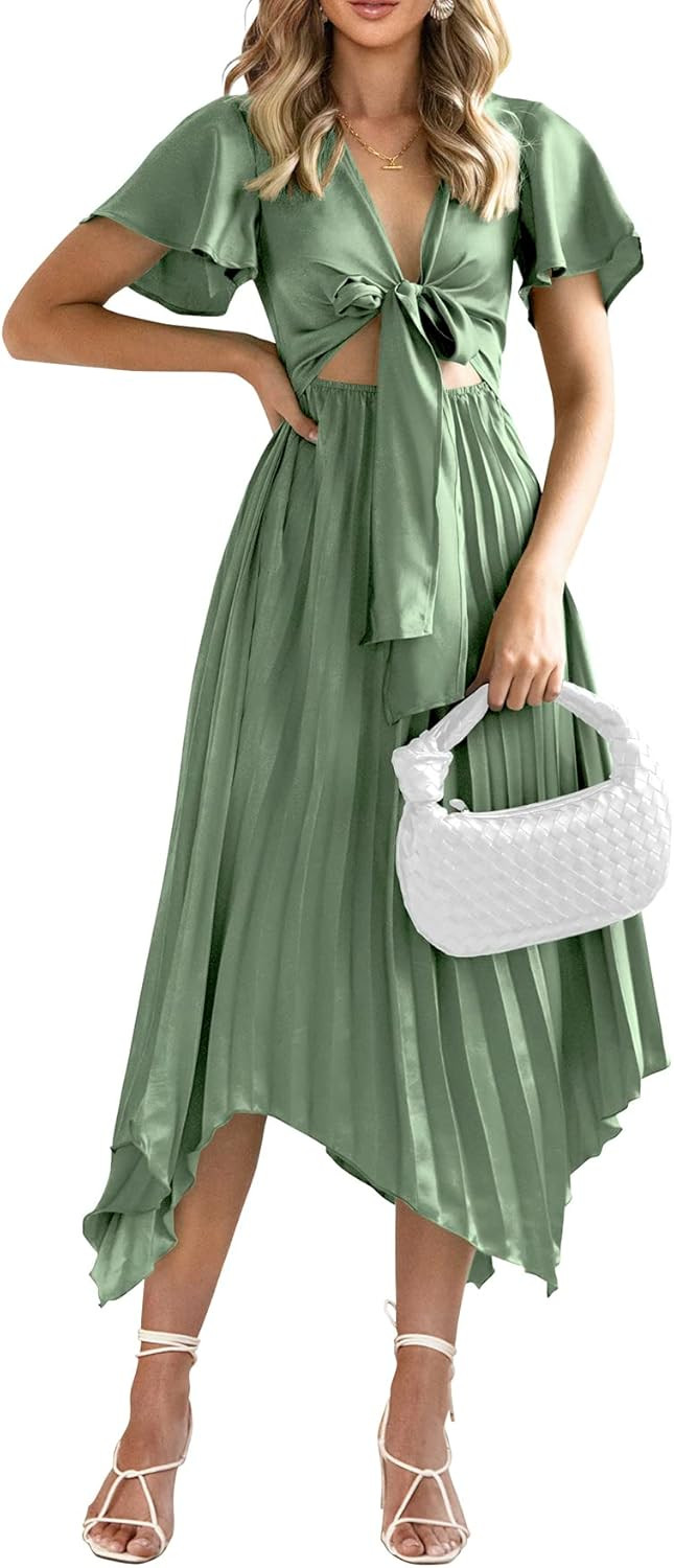 PRETTYGARDEN Women's 2023 Satin Summer Dress Short Sleeve V Neck Tie Front Cutout Pleated A Line ... | Amazon (US)
