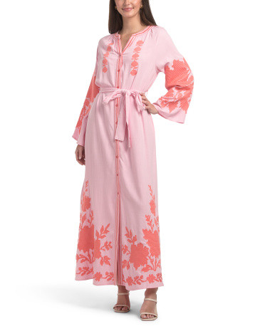 Linen Blend Bell Sleeve Embroidered Maxi Dress | TJ Maxx