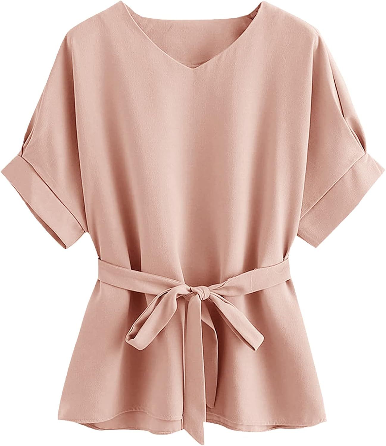Milumia Women's Casual V Neckline Short Sleeve Self Tie Dressy Work Blouse Tunic Tops | Amazon (US)