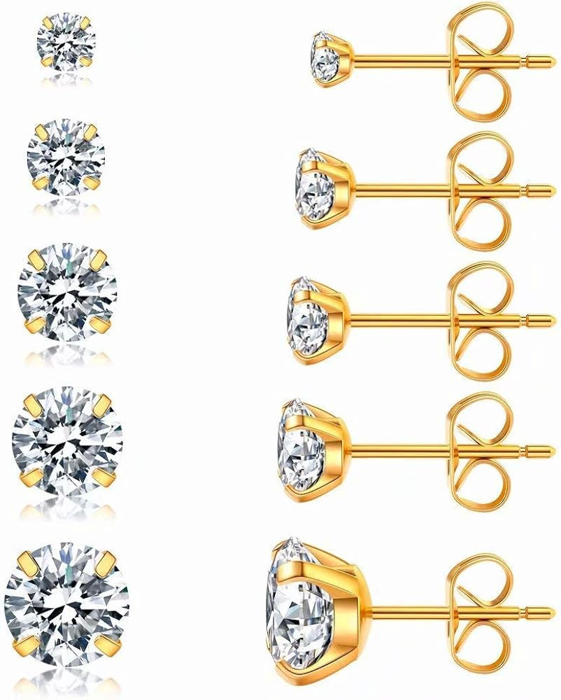 Amazon.com: 5 Pairs Stud Earrings Set, Hypoallergenic Cubic Zirconia 316L Earrings Stainless Stee... | Amazon (US)