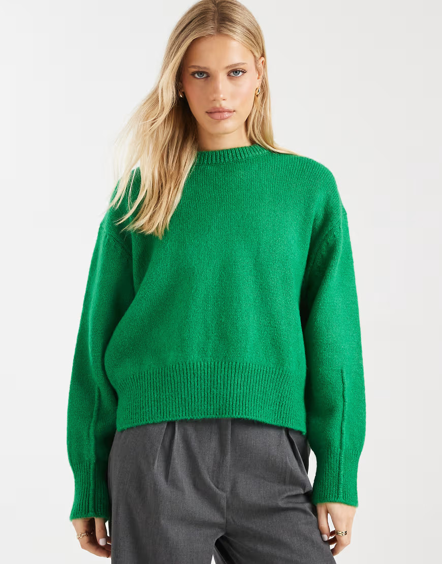 ASOS DESIGN boxy crew neck sweater with side slit detail in bright green | ASOS (Global)