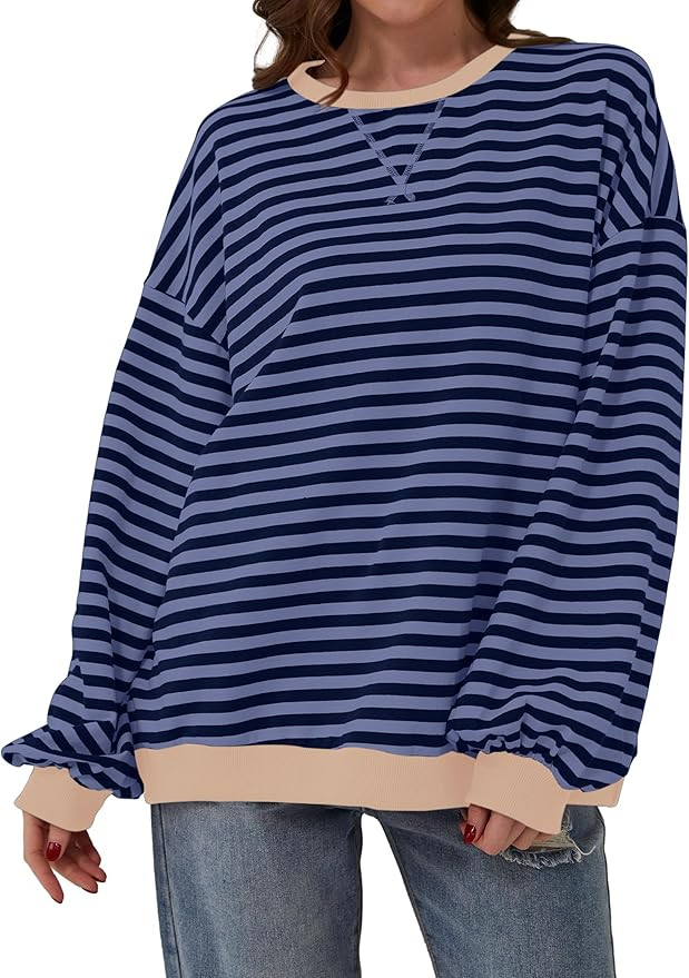 TERIVEEK Women Oversized Striped Color Block Long Sleeve Crew Neck Sweatshirt Casual Loose Pullov... | Amazon (US)