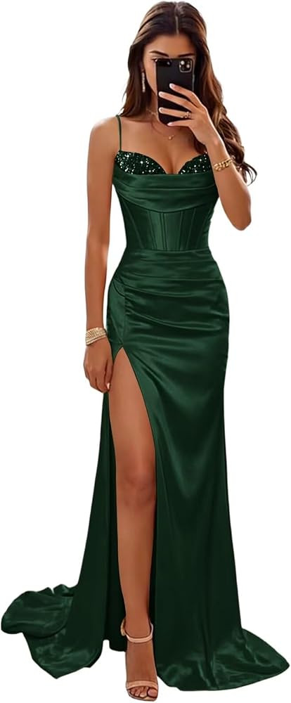 Basgute Satin Corset Prom Dresses for Women 2026 Sequin Beaded Mermaid Slit Long Formal Evening P... | Amazon (US)