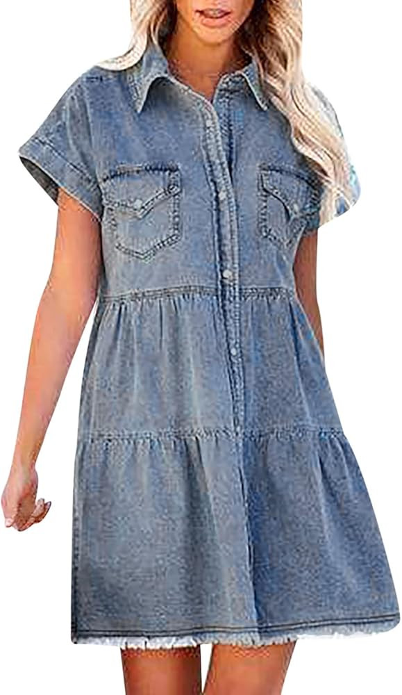 Women Denim Shirt Dresses Short Sleeve Dresses For Women 2022 Casual Loose Dresses Flowy Button D... | Amazon (US)