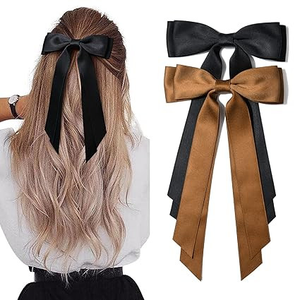 2PCS Silky Satin Hair Bows Hair Clip Black Brown Hair Ribbon Ponytail Holder Accessories Slides M... | Amazon (US)
