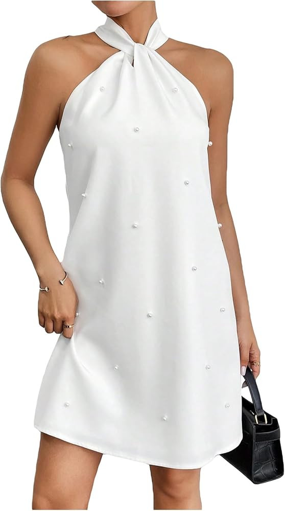 Floerns Women's Pearl Beaded Halter Twist Sleeveless Tie Back Dress A Line Dress | Amazon (US)