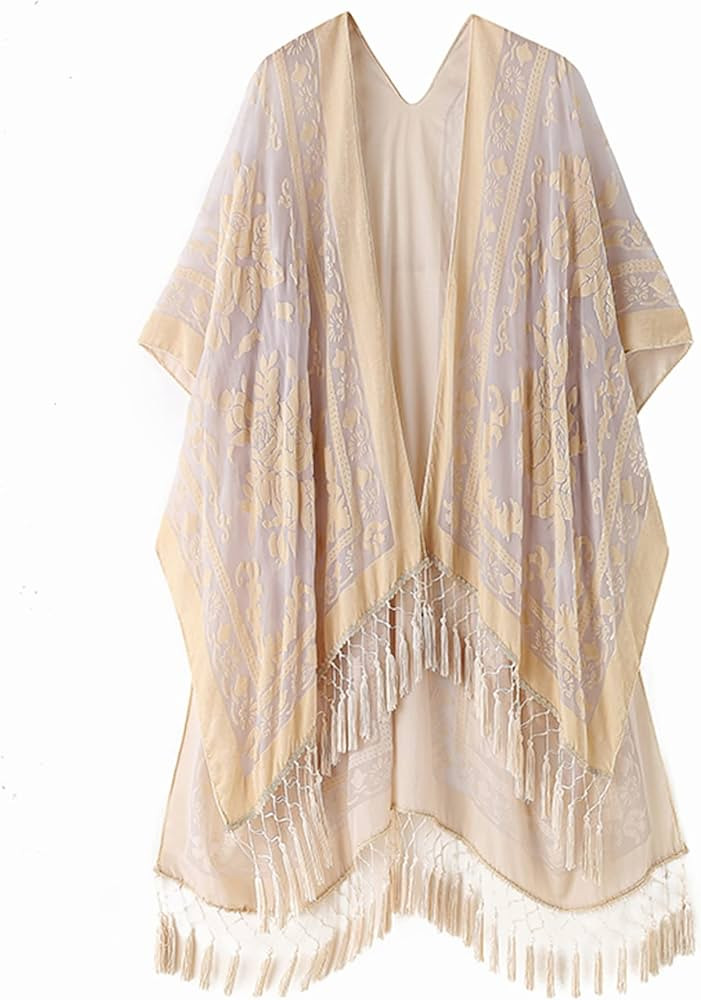 Women's Burnout Velvet Kimono Long Cardigan Cover Up Without Tassel | Amazon (US)