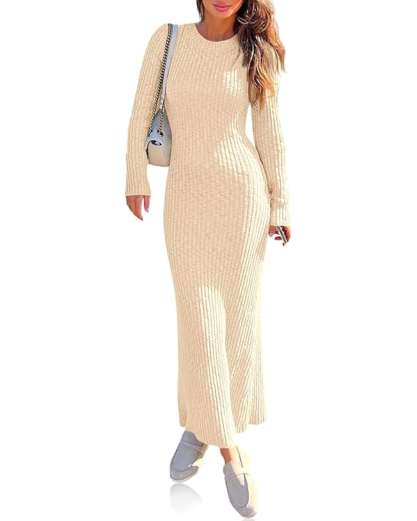 Wenrine Womens Sweater Maxi Dress Long Sleeve Knit Ribbed Crew Neck Slim Fit Casaul Fall Long Dre... | Amazon (US)