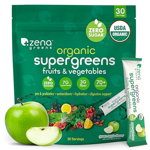 Zena Organic Super Greens Powder, 70+ Superfoods Drink Mix, 0 Sugar, 3G Fiber, Fruits, Veggies, Spirulina, Chlorella, Antioxidants, Pre & Probiotics, Digestive Enzymes, Green Apple Flavor, 30 Packets | Amazon (US)