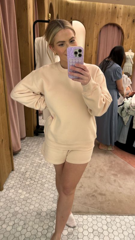 Soft peachy pink fleece crew neck short set from Aritzia. Large short medium crew. Cute comfy lounge set  

#LTKfitness #LTKfindsunder100