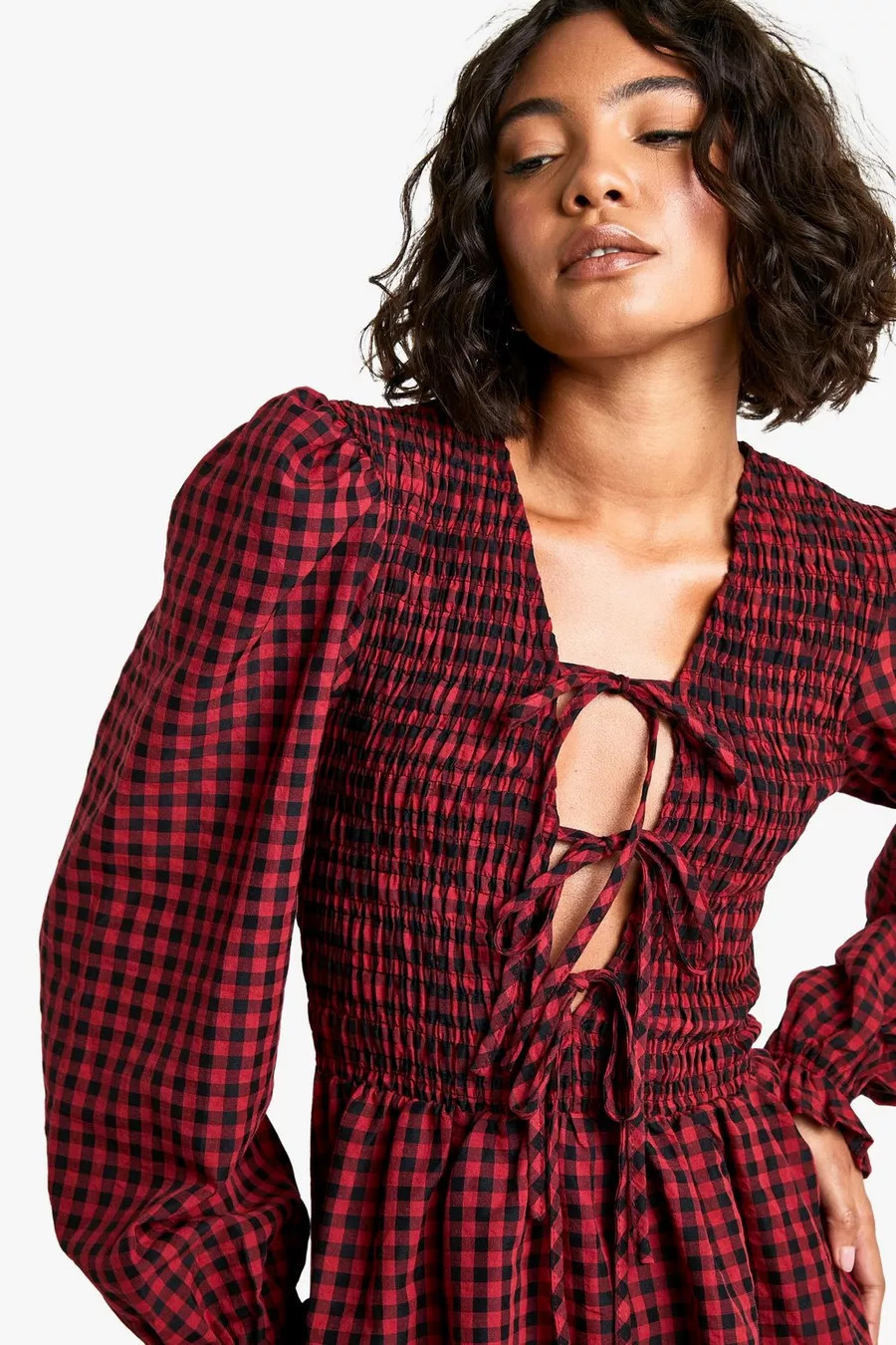 Tall Check Volume Sleeve Tie Front Mini Skater Dress | Nasty Gal US