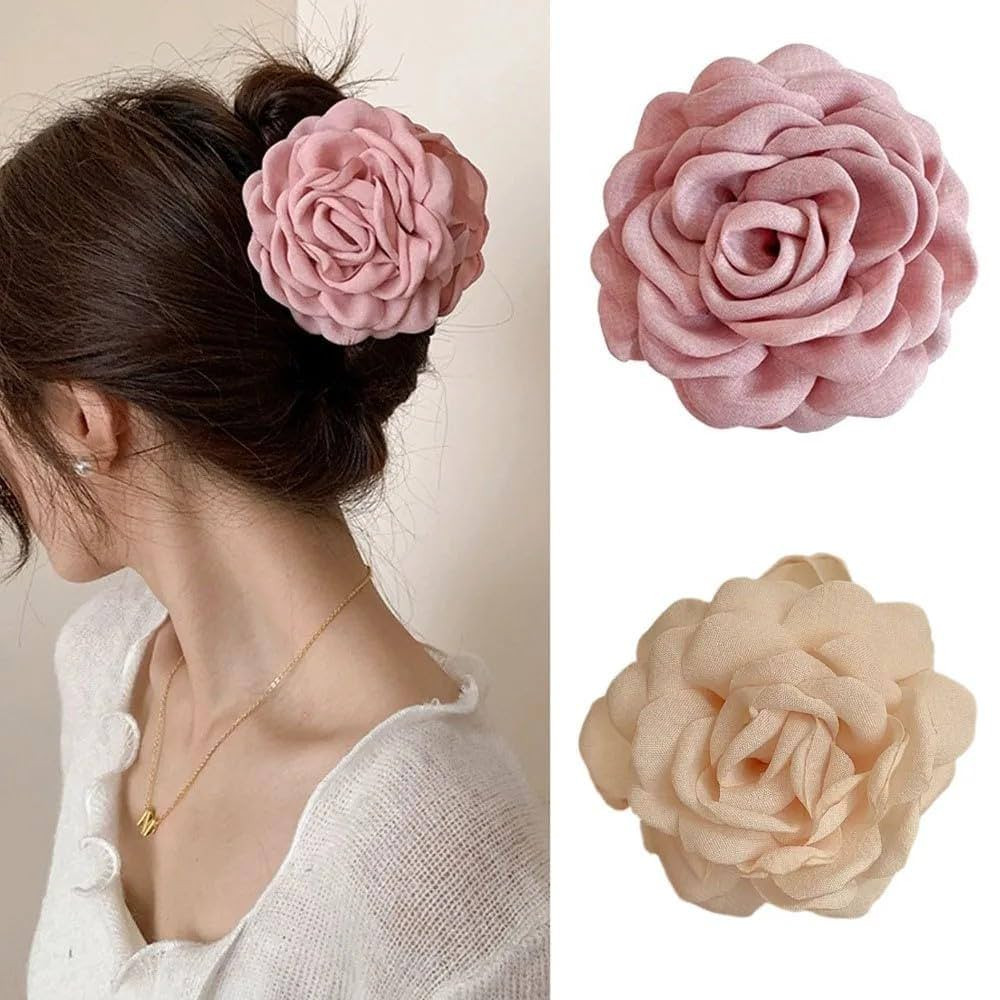 2PCS Flower Women's Hair Claws Clip,Fashion Headwear Elegant Lady Fabric Rose Flower Hair Claw Ha... | Amazon (US)