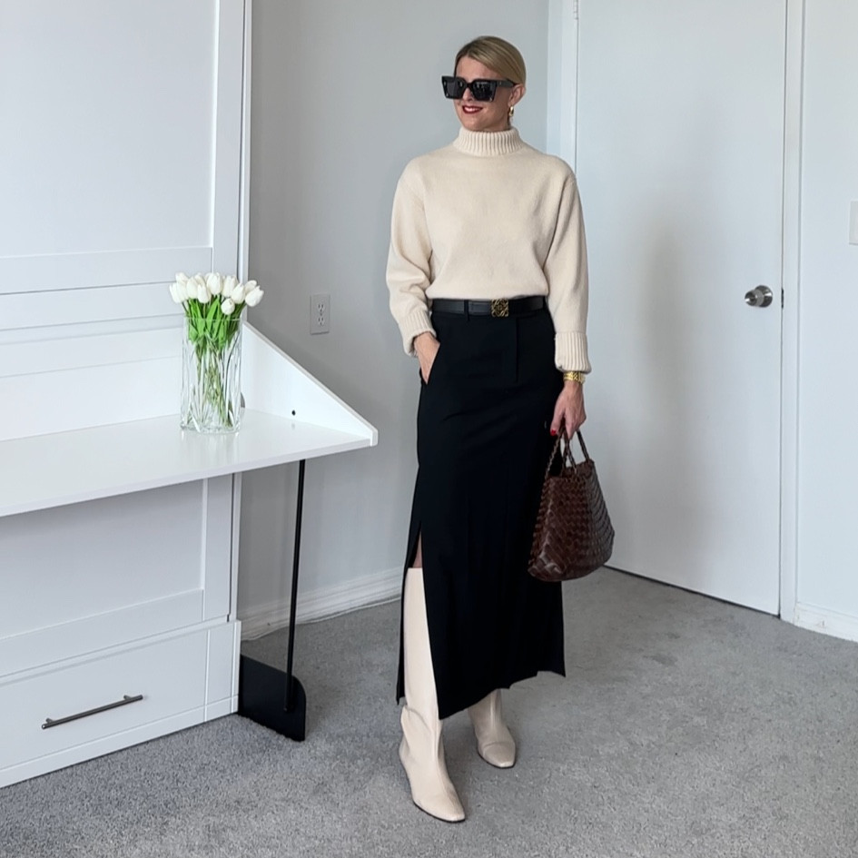 Tailored maxi skirt with side slits runs a little large.     I'd recommend sizing down.  

All else true to size.   

#LTKitbag #LTKworkwear #LTKfindsunder50