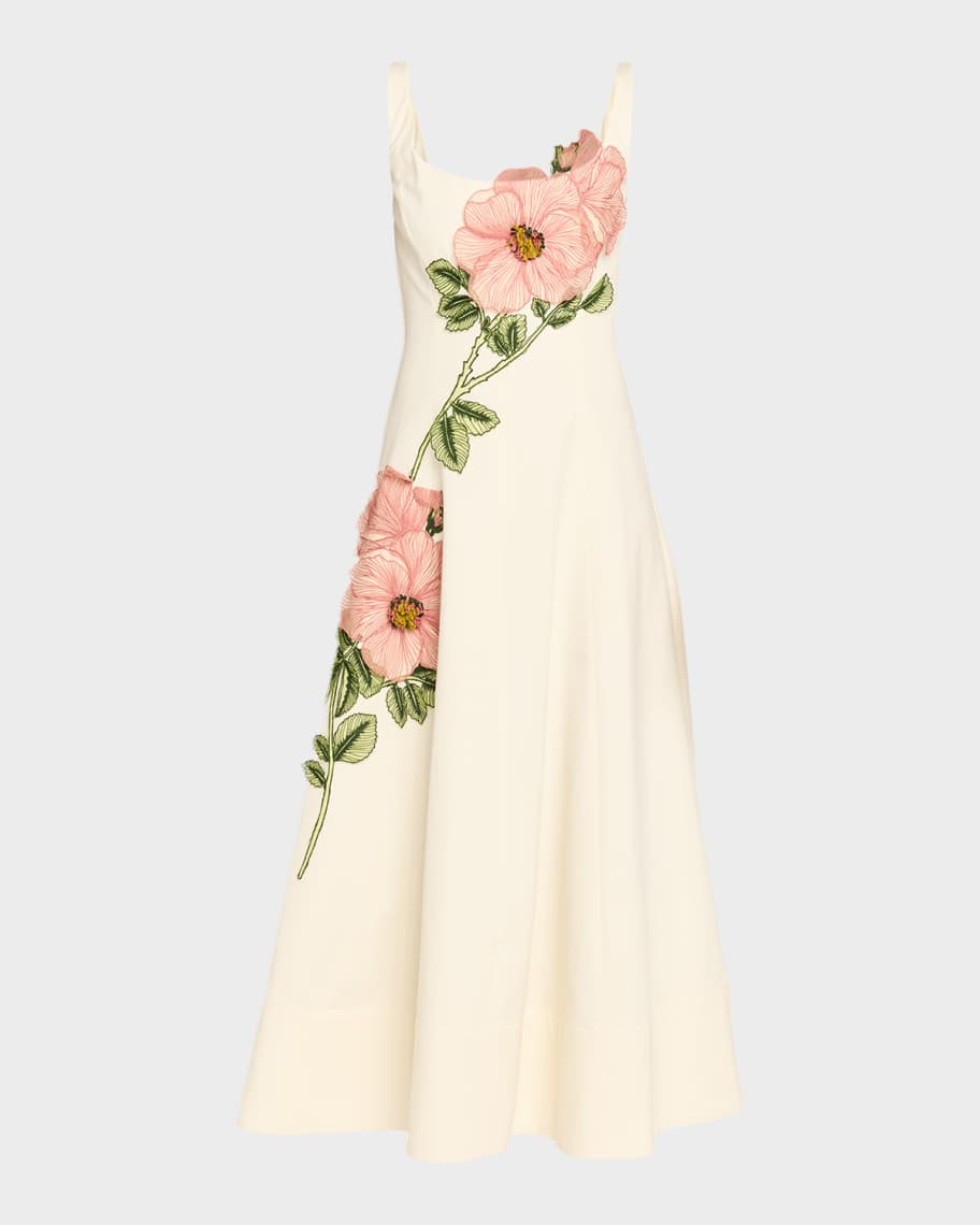 Peony Embroidered Sleeveless Midi Dress | Neiman Marcus