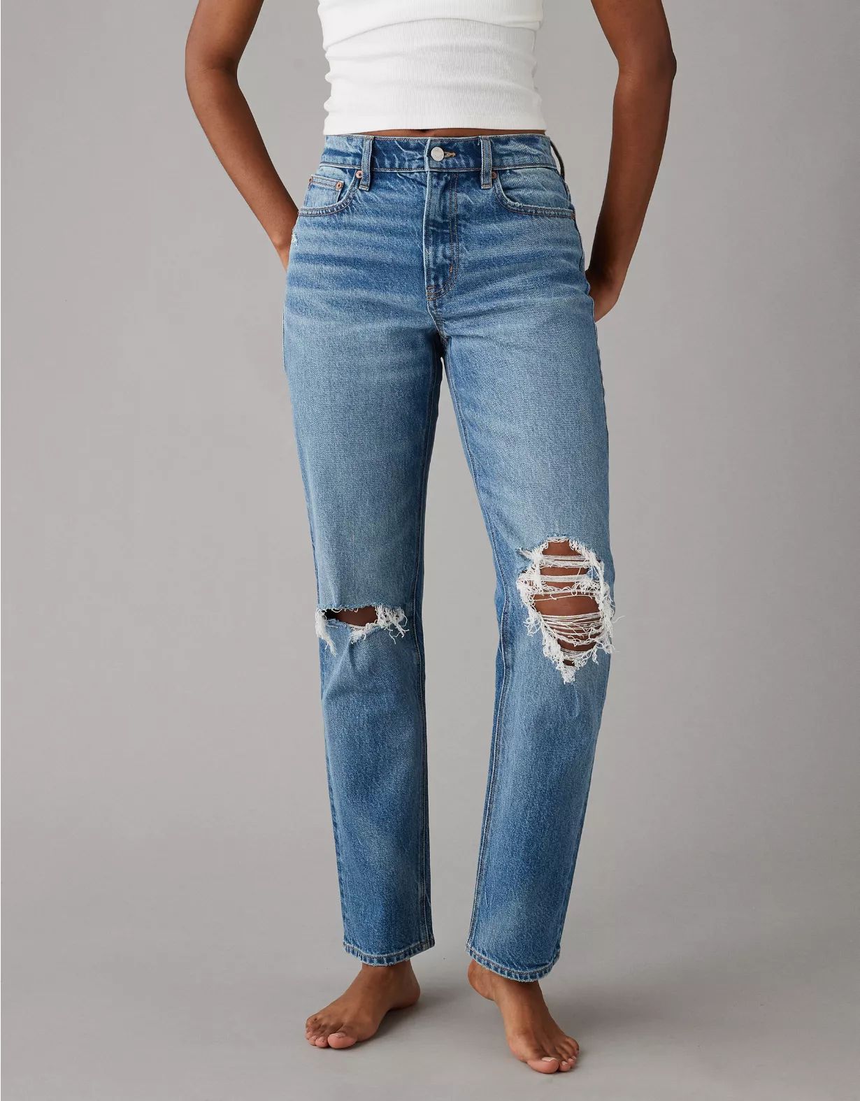 AE Stretch Super High-Waisted Ripped Ankle Straight Jean | American Eagle Outfitters (US & CA)