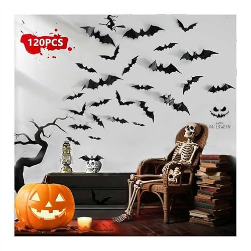 120pcs Halloween Bats Decorations Outdoor Indoor, Halloween Party Supplies, 3D Bat Stickers for Wall Window Home Kitchen Scary Decor (4 Sizes, Black) | Amazon (US)