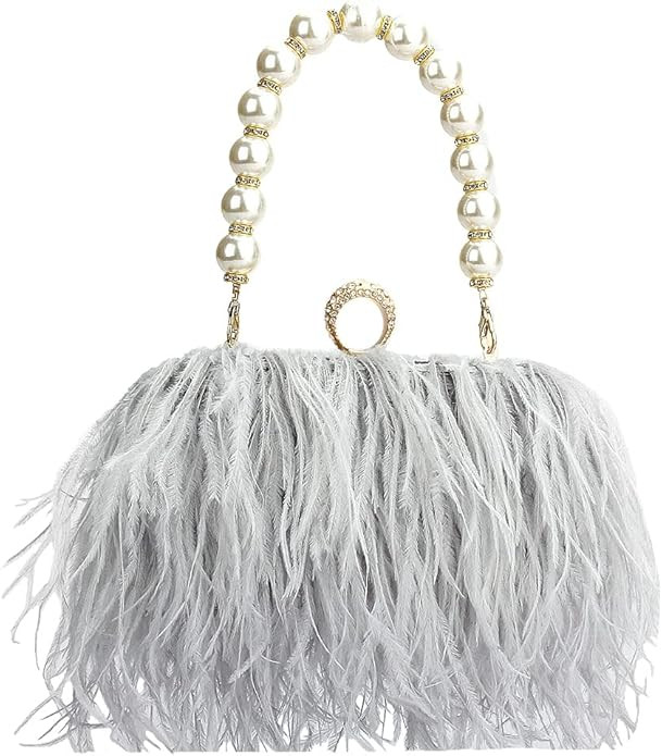Women Real Natural Ostrich Feather Evening Bags Purses Clutch Vintage Banquet Handbag | Amazon (US)