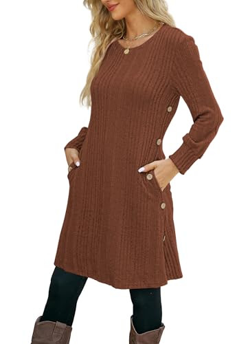 Kikibell Womens Fall Dresses Women's Winter Dresses Long Sleeve Dress with Pockets Brown 2XL | Amazon (US)