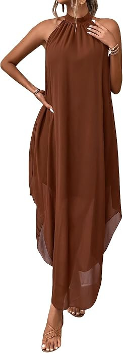 Verdusa Women’s Wedding Guest Dress Halter Flowy Chiffon Long Bouncy Dress | Amazon (US)