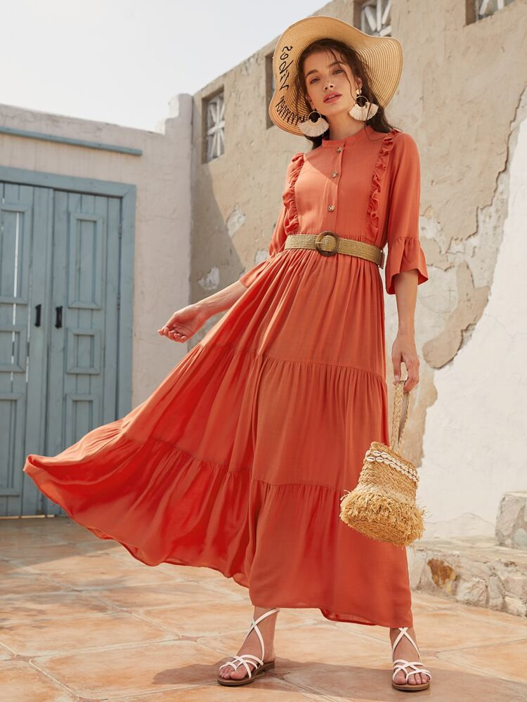 Half Button Frill Trim Belted Dress | SHEIN