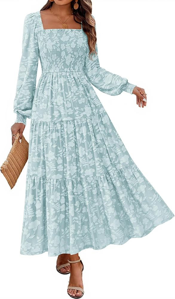 KIRUNDO Wedding Guest Dresses for Women Spring 2026 Long Sleeve Smocked Floral Flowy A Line Boho ... | Amazon (US)