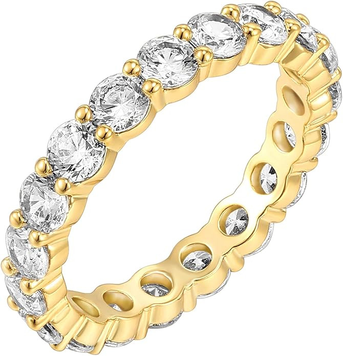 PAVOI 14K Gold Plated Cubic Zirconia Rings | 3.0mm Eternity Bands | Gold Rings for Women | Amazon (US)