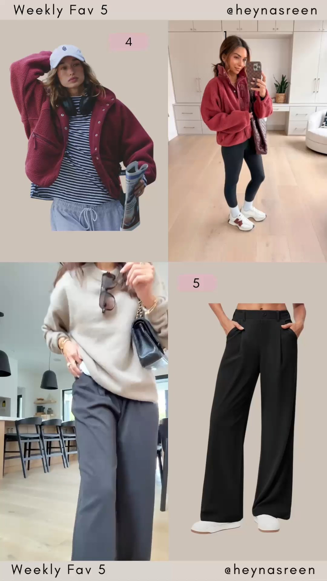 Fav 5:
#4: Free People fleece jacket, love this burgundy color! Jacket is cozy and soft and runs TTS, I have the XS for size reference.
#5: Amazon pants, so comfortable! I’m wearing an XS in the 26.5 inches inseam, I’m just under 5’2” for reference.