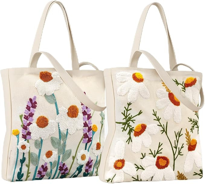 Paterr 2 Pcs Floral Embroidery Tote Bag for Women Aesthetic Cute Reusable Canvas Shoulder Bag for... | Amazon (US)