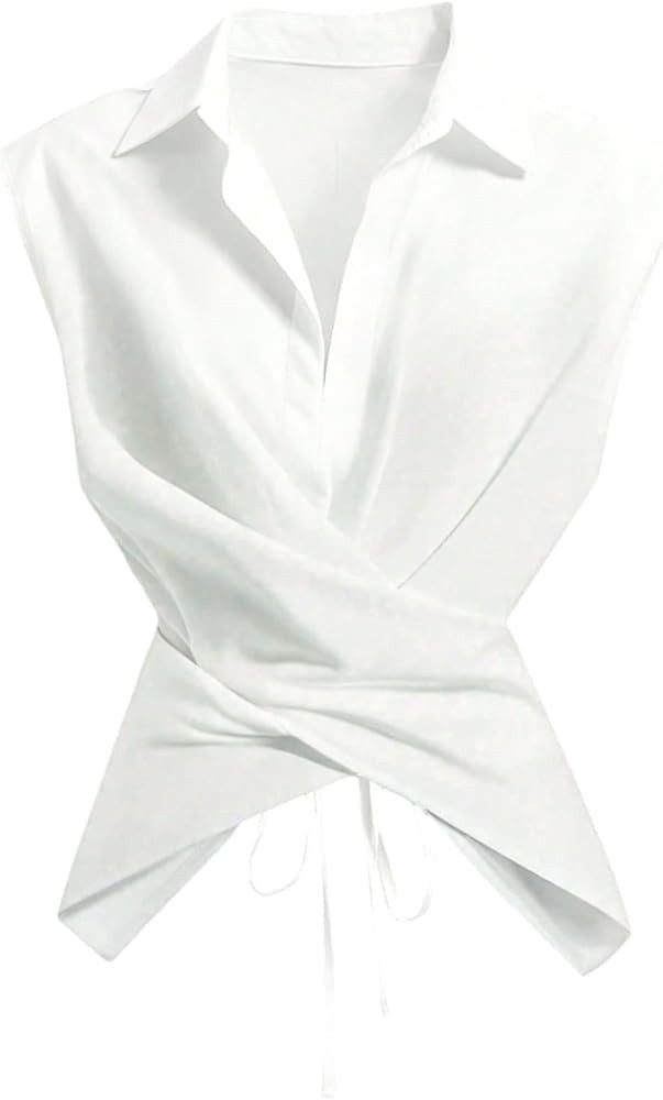 SweatyRocks Women's Cinched Waist Collared Blouse Tops Sleeveless Tie Back Ruched Work Office Shi... | Amazon (US)