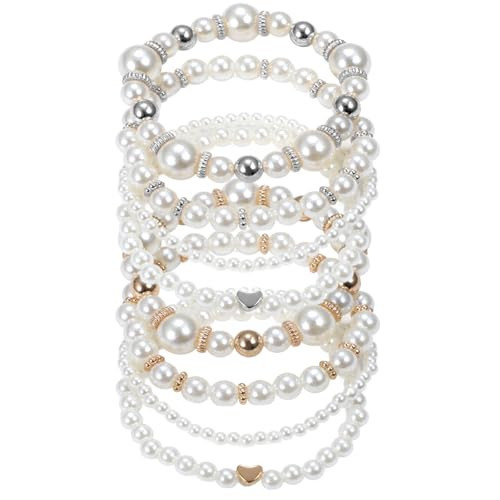 KFHENSOMR 8 Pack Pearl Bracelets for Women Simulated Pearl Beaded Stackable Bracelet Set White Pearls Stretch Bracelet Set Multilayered Elastic Pearls Bracelets Bangles for Women Bridal Boho Jewelry | Amazon (US)