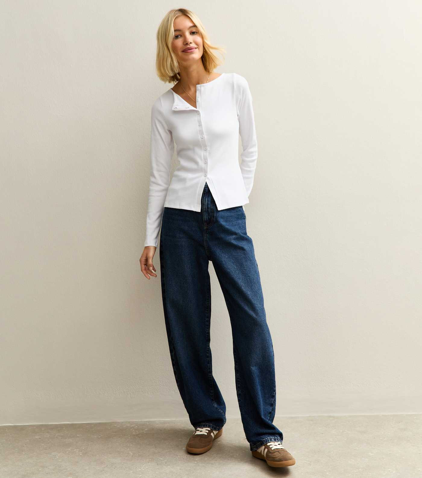 White Ribbed Button Through Long Sleeve Top | New Look | New Look (UK)