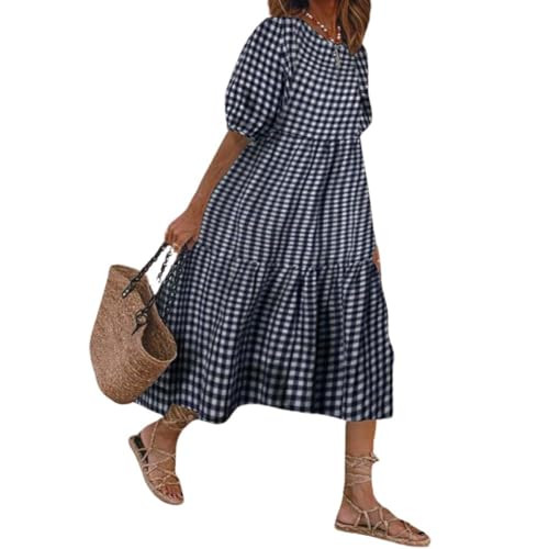 chouyatou Women's Retro Lantern Puff Sleeve Plaid Dress Gingham Swing Tiered Midi Long Dress | Amazon (US)