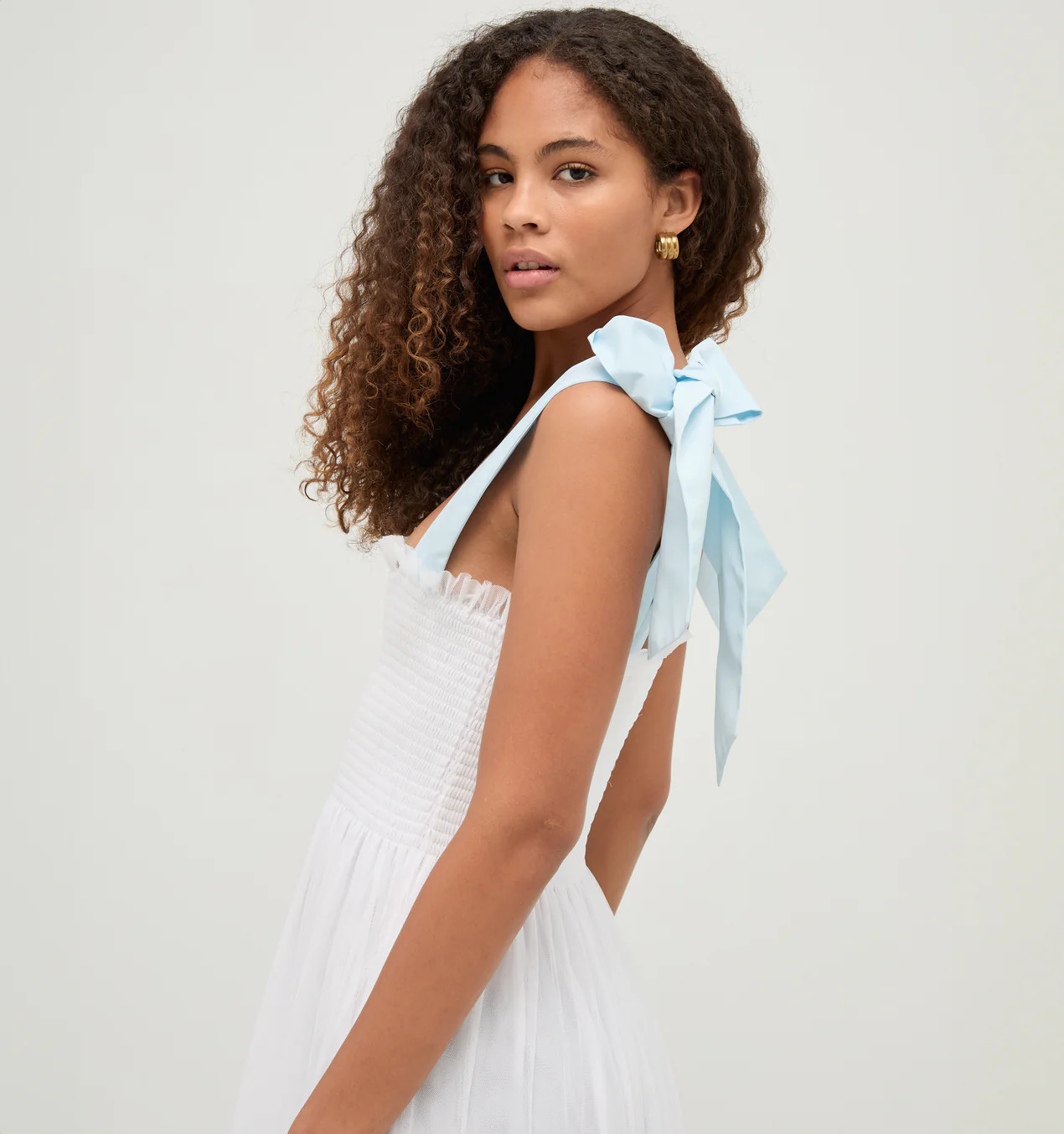 The Tulle Ribbon Ellie Nap Dress - White Tulle with Blue Ribbon | Hill House Home