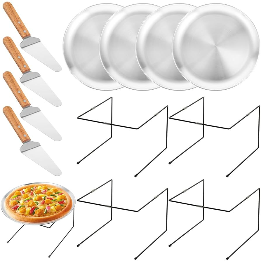 12 Pcs Pizza Pan Riser Stands Sets Includes 4 Metal Pizza Table Stands 4 Pizza Pan and 4 Wood Han... | Amazon (US)