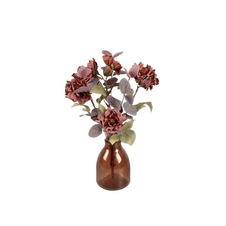 Flora Bunda Tabletop 14"H Artificial Dusky Rose Peony in Amber Glass Vase - 1.1 lbs | Walmart (US)