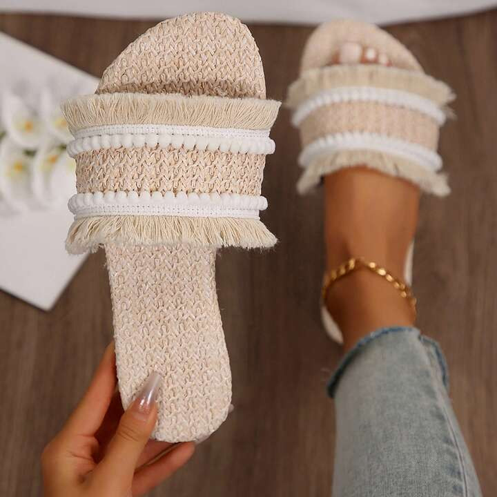 Casual Beach Slippers For Women With Woven Straw Design And Tassel Detail | SHEIN
