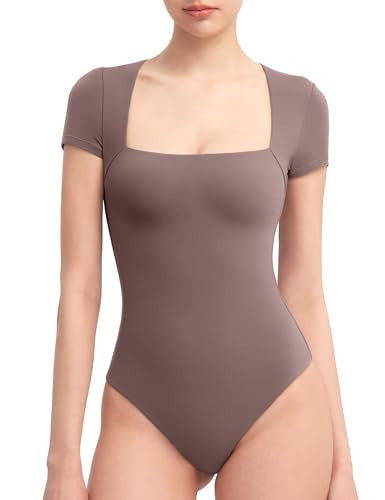 PUMIEY Square Neck Bodysuits For Women Short Sleeve Body Suit Slimming Going Out Tops Womens Clothing Pimento,Large | Amazon (US)