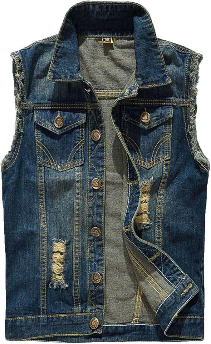 Men's Sleeveless Denim Vest Casual Slim Fit Ripped Classic Button Down Jean Jacket | Amazon (US)