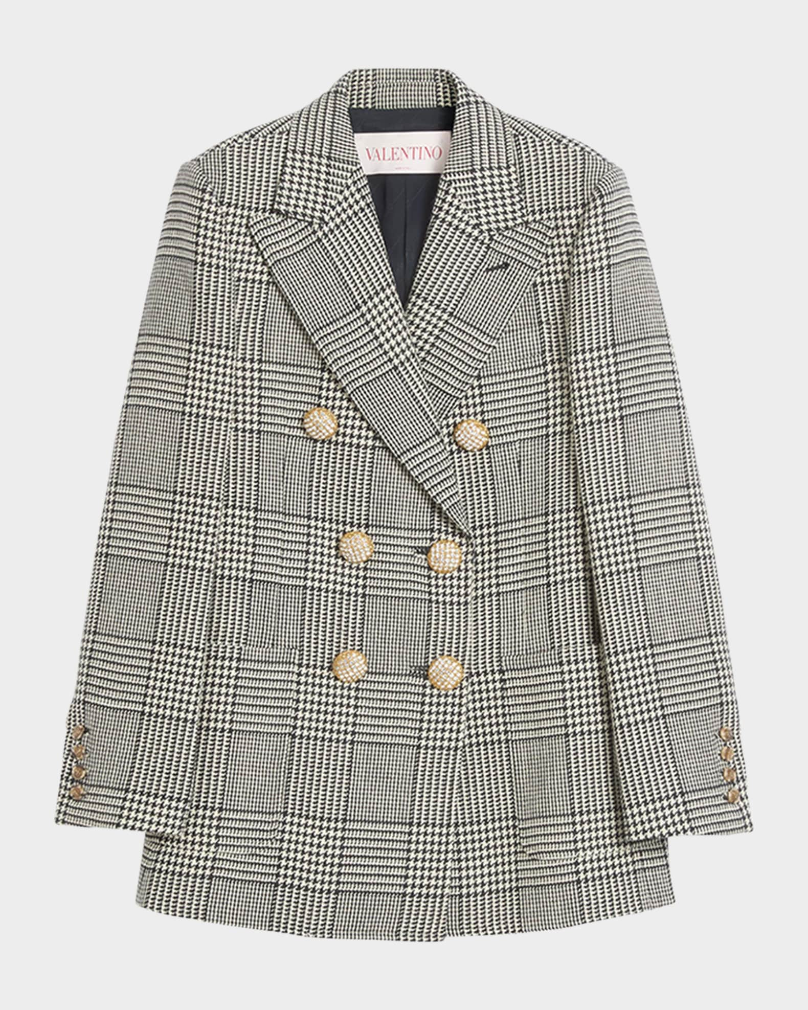 Valentino Garavani Houndstooth Wool Double-Breasted Jacket | Neiman Marcus