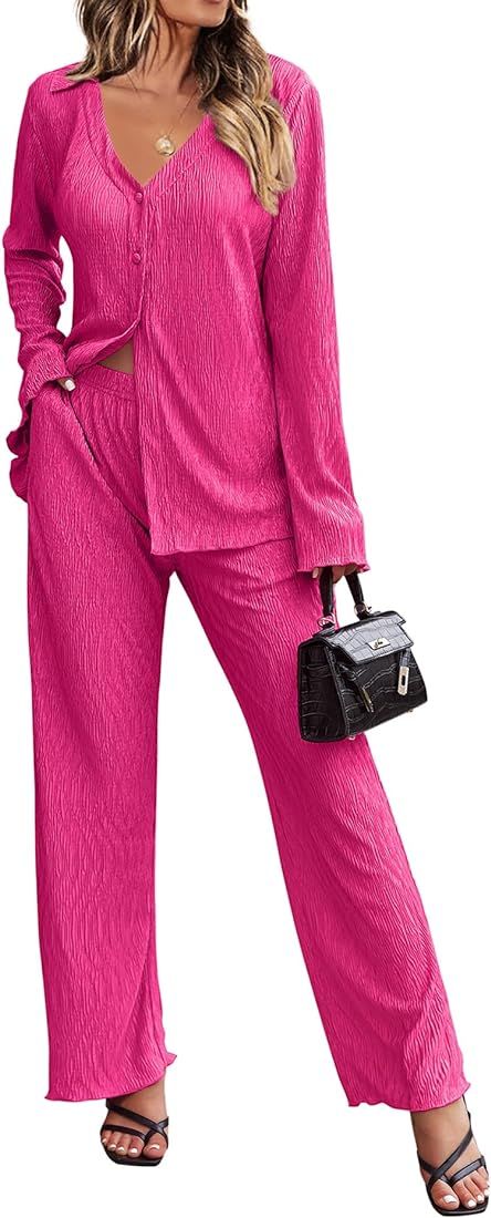 Womens Lounge Set Two Piece Outfits Casual Pleated Long Sleeve Button Down Shirt and Palazzo Pants | Amazon (US)