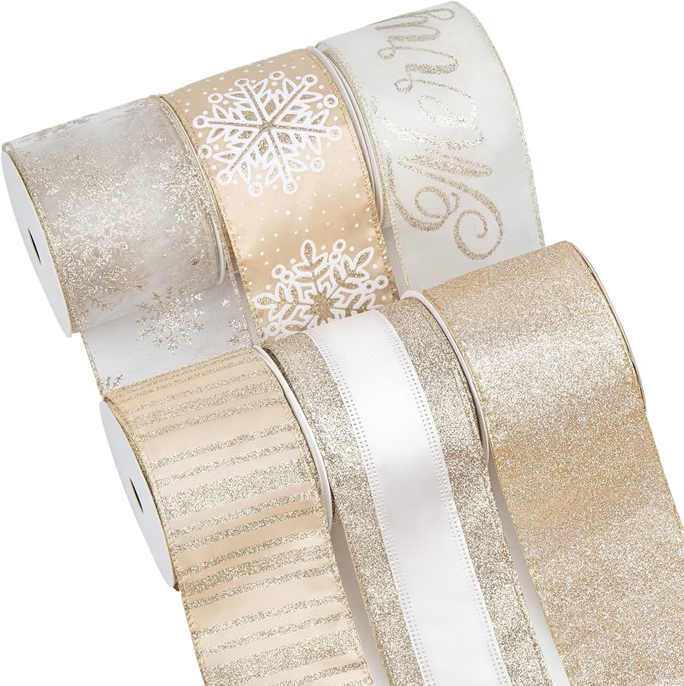 Christmas Ribbon Wired, 6 Rolls 36 Yards 2.5 Inch Glitter Snowflake Christmas Tree Ribbon Garland... | Amazon (US)
