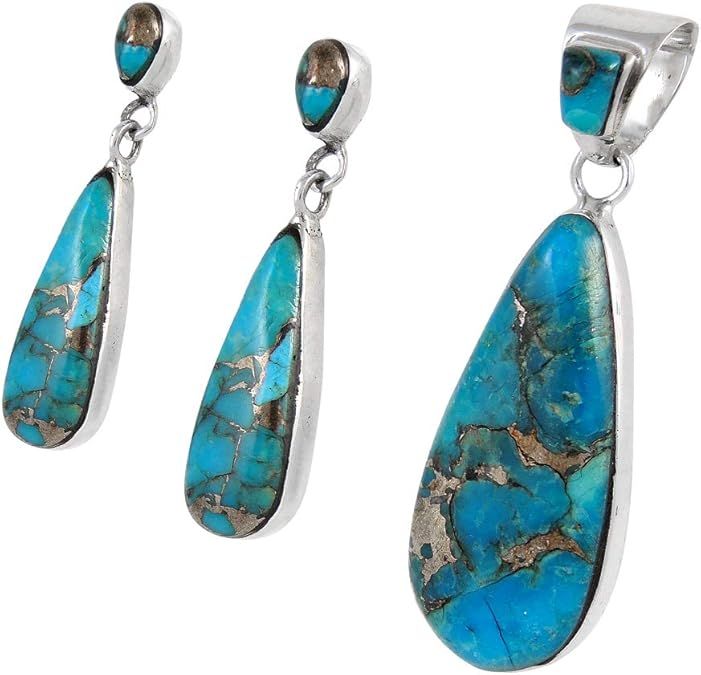 Sterling Silver Genuine Turquoise Necklace & Earrings Matching Set (Choose Style) | Amazon (US)