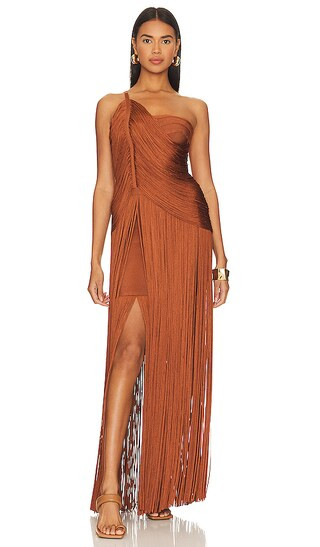 Draped Fringe One Shoulder Gown in Ginger | Revolve Clothing (Global)