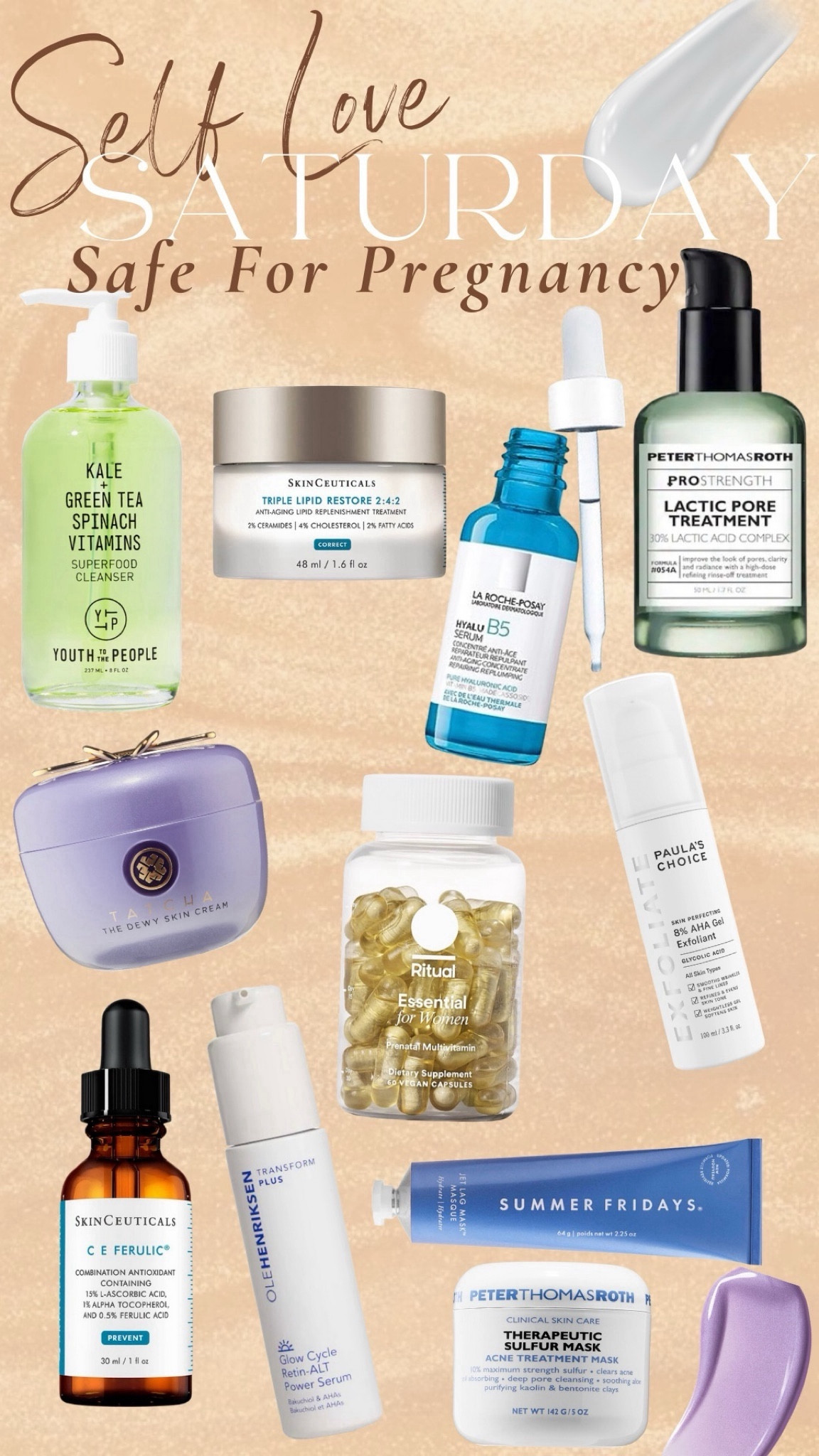 My new skincare routine that is safe during pregnancy✨ 
✨ first off Iove the Ritual prenatal supplement- I’m so impressed with their ingredients and I’ve been using it prior to trying to get pregnant
✨the olehenriksen glow cycle treatment is a great retinol alternative 
✨I use the La Roche-Posey hyaluronic acid on my face and on my belly, mixed with my lotion
✨ I love this you to the people kale + green- tea cleanser, it feels so fresh
I also use Cera-ve
✨ no I added some great moisturizers on here, including Tatcha Is my absolute favorite moisturizer
✨ SkinCeuticals several of their products are safe during pregnancy, including this CE ferulic which helps protect from radical damage- a skincare *must* for aging!
✨ lastly acne can be an issue with pregnancy. I’ve been using PTR lactic pore treatment & This therapeutic sulfur mask! 
