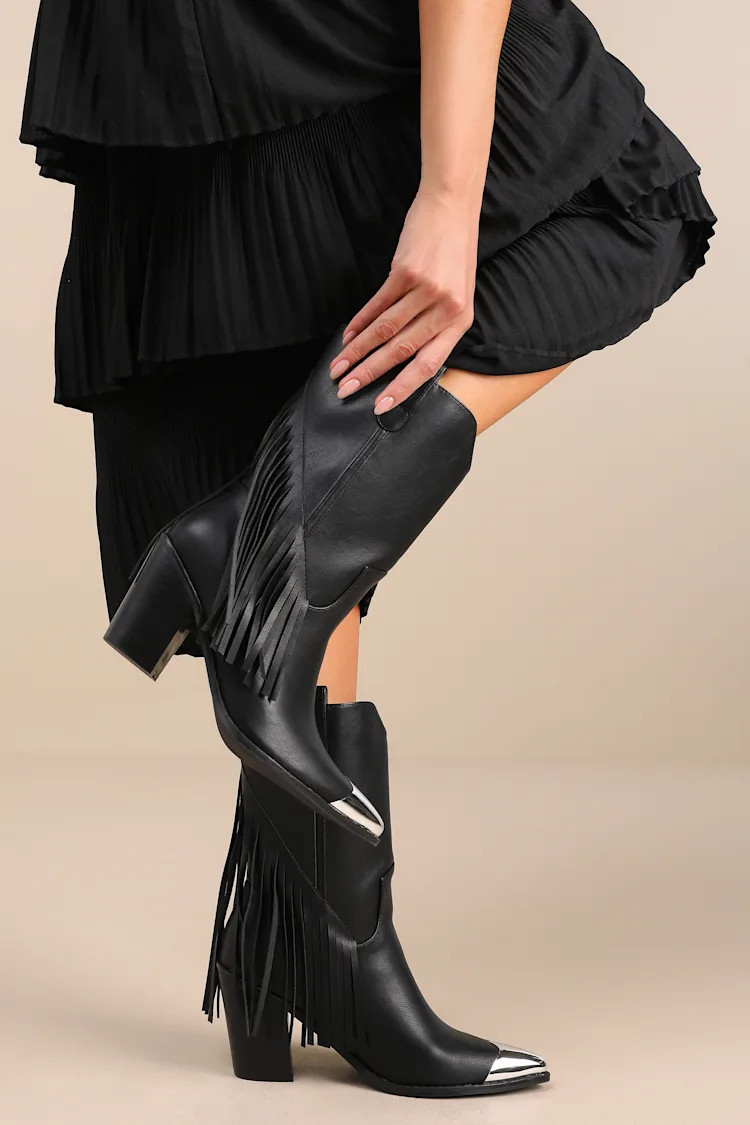 Toleson Black Fringe Pointed-Toe Mid-Calf Western Boots | Lulus